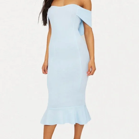 PrettyLittleThing Dresses Dusty Blue Bardot Frill Hem Midi